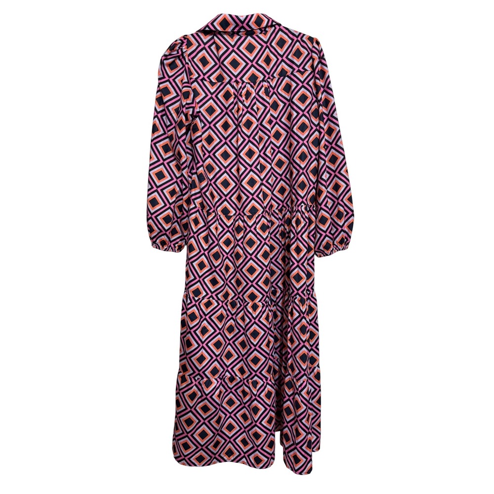 SSYS The Label Pink Orange Geometric Diamond Print Tiered Midi Dress Womens L L - Picture 3 of 3
